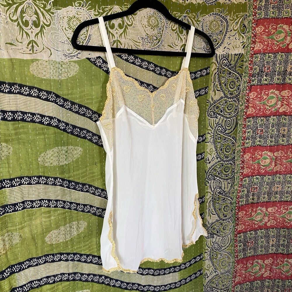 90's Victoria's Secret Ivory/ Gold Sheer Chiffon Mini Slip Dress Size Medium - Picture 8 of 13